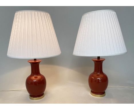 TABLE LAMPS, a pair, Chinese cherry ceramic vase form with pleated shades, 69cm H. (2) 