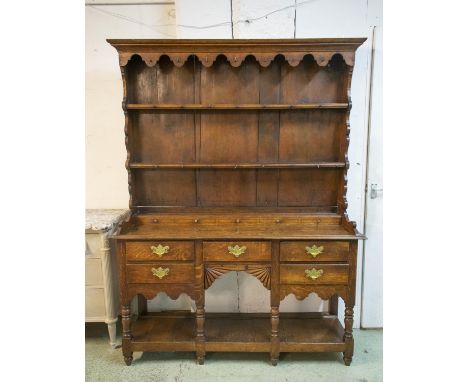 DRESSER, 200cm H x 155cm x 50cm, first quarter 19th century oak and pine with dummy spice drawers and five real drawers to ba