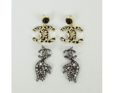 CHANEL EARRINGS, two pairs, one pair with Chanel logo pendants in leopard effect enamel, the other pair with diamantes set on