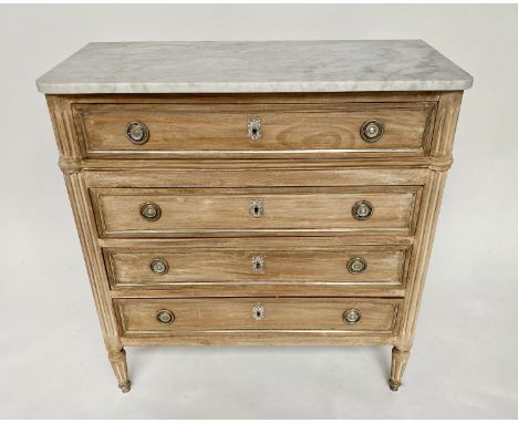 COMMODE, 19th century French Directoire bleached mahogany and silvered metal mounted with four long drawers and marble top, 8