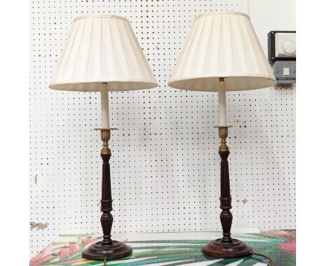 TABLE LAMPS, a pair, 68cm H candlestick design, with shades. (2) 