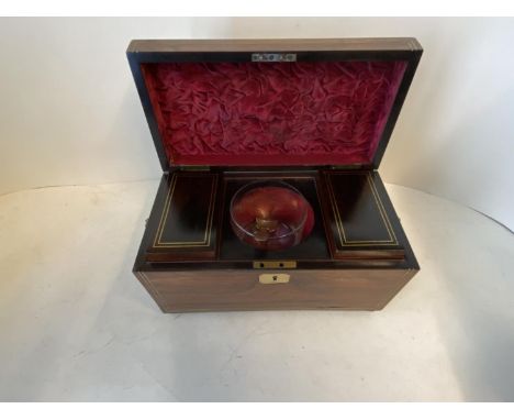 Regency mahogany and brass inlaid tea caddy, with original glass mixing bowl and sterling silver caddy spoon, 34cm L 