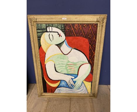 A studio framed oil painting portrait of a seated female in abstract 75x54.5