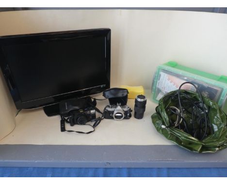 TV with DVD player, 2 cameras and electric plugs and tools 