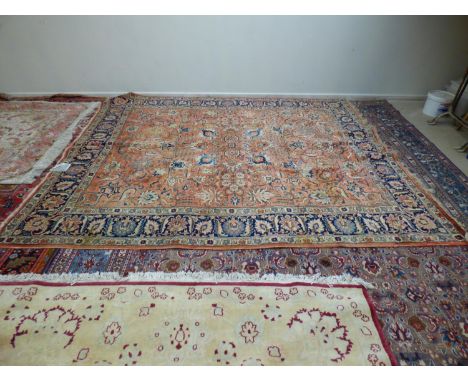 Traditional old Persian carpet, terracotta ground and blue multi border with all over stylised floral pattern .  293 x 237   