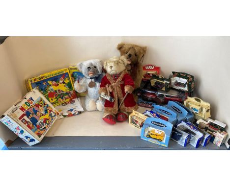 Qty of Noddy items including Chad Valley Big Shaped Puzzle, 3 prestige Classic Aurora hand craft teddies, Pro Rodz diecast Ho