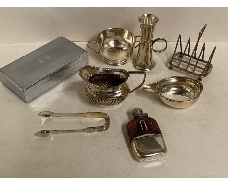 Hallmarked silver wine taster, marks rubbed (mono to base) and Hallmarked silver 2 handled dish 9cm diam, London 1930; half f