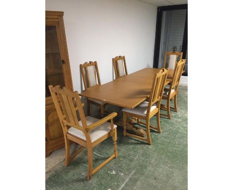 Contemporary light oak dining room suite inc. extending dining table 223 x 90.5 6 partly upholstered dining chairs 4+2 carver