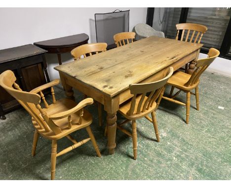 Pine kitchen table, rectangular, 180x82cm, &amp; 6 modern stick back kitchen chairs (Condition: some general all over wear an