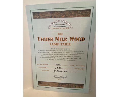 Stewart Lindford, The Under Milk Wood Lamp table with certificate,  Welsh  carved  burr oak square occasional table, depictin