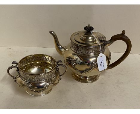 Hallmarked silver tea pot and two handled basin, the bodies embossed with ribbon and swags decoration with embossed collars, 