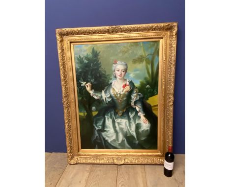 A large modern oil on canvas, Elegant portrait of a lady after Nattier, 102 x 77cm,  in swept gilt frame, from a large Countr