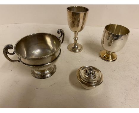 EPNS 2 handled cup, maker R&amp;DL, inside worn; Modern Hallmarked silver small cup with silver gilt foot, engraved, 6.2ozt; 