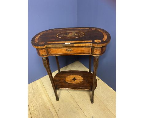 C19th inlaid marquetry two tier kidney shape side table with drawer and under shelf 