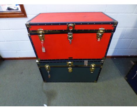 Two large Mossman trunks, Red leather trunk (keys) 91cm wide x 49cm high x 52cm depth, Green trunk (same size), no keys and c