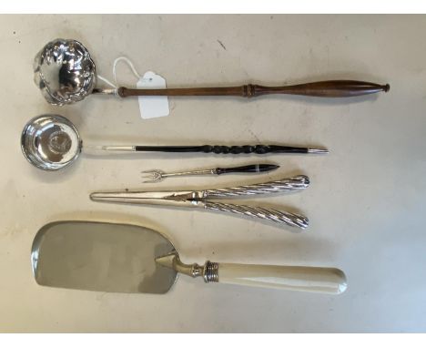 Hallmarked silver toddy ladle London. P&amp;S   and another with 1787  Coin bowl base,  small pickle fork,   tray and glove s