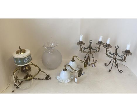 Pair decorative metal table candelabras and 1 pair brass wall lights with glass shades. Hanging brass and ceramic central lig