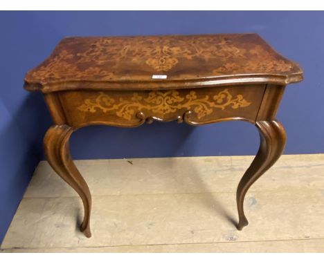 19th Century marquetry inlaid console table with pull-out drawer beneath, supported by carved cabriole legs 