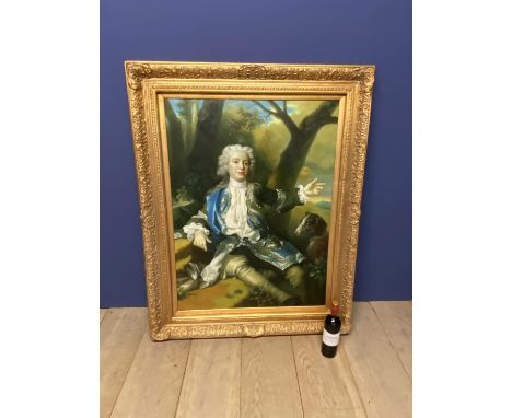 A large modern oil on canvas, Elegant portrait of a Gentleman with his dog, after Nattier, 102 x 77cm, in swept gilt frame,  