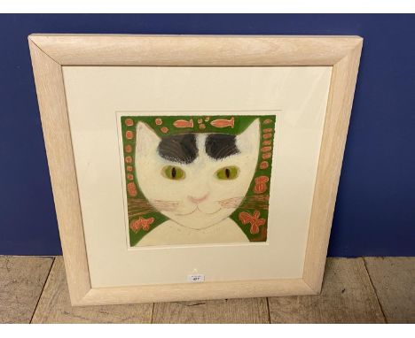 Framed and glazed picture Sanchia Lewis, portrait of cat, mixed media 