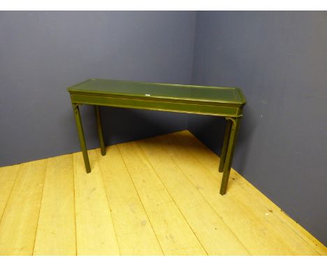 Good quality contemporary green and gold inlaid painted console table, with inlaid glass panel to top, 138cmL x 41cmW 