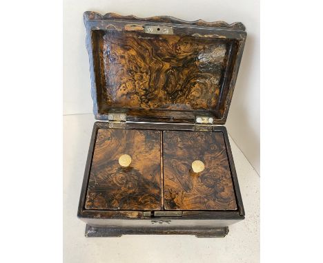 19th century faux burr walnut tea caddy of small proportions 17cm wide 