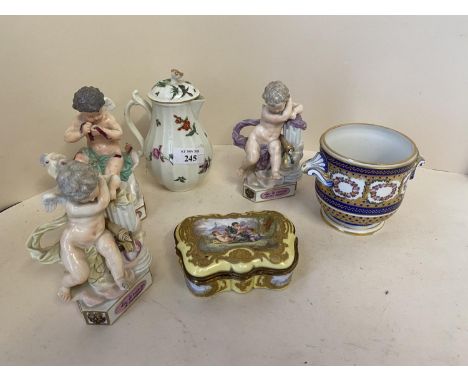 3 cherubic figurines blue X mark to base damage and losses. Chinese famille rose small coffee pot 13 cm H basin and 2 dishes 