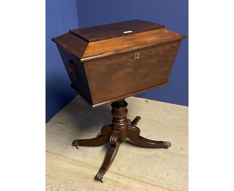 Good quality figured mahogany pedestal work box  with fitted tray, brass lion ring handles on quadruped pedestal to brass cla
