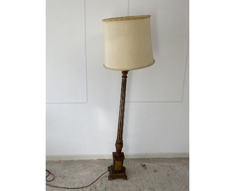 A gilded and painted reeded column standard lamp, shabby chic, with lamp shade, condition - general wear 