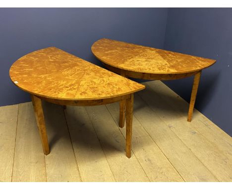 Pair of good quality light burr wood segmented top demi lune side tables  pegged to make a round table, each with 2 frieze dr