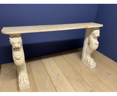 Cream console  table with marble top and lions  (plaster) as base, 149cmL  x 30cmD x 83cmH 