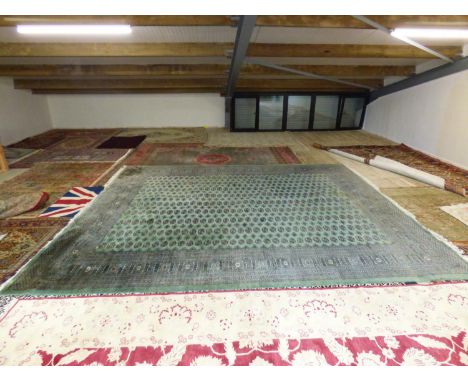 Modern dark  green carpet with all over small lozenge pattern with multi pattern wide borders 455 x 368 cm  Condition.  Some 