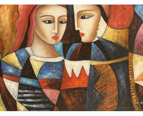 Modern school a large modernist oil painting, Portrait of Masquerade Ladies signed. 59.5 x 90
