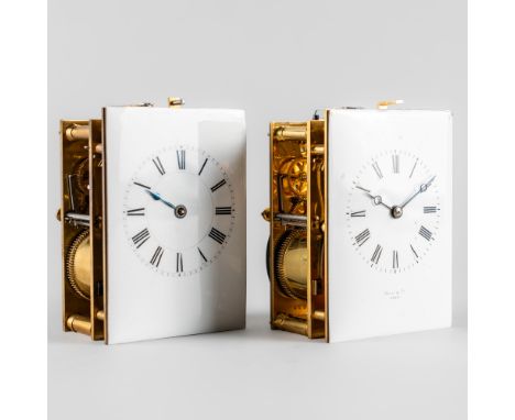 TWO FRENCH STRIKING AND REPEATING CARRIAGE CLOCK MOVEMENTS AND SET OF GLASSESOne by Henry Jacot, the other by E. Maurice