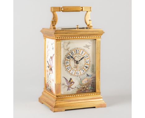 A FRENCH GILT BRASS AND PORCELAIN TRIPLE-PANELLED STRIKING AND REPEATING LEVER CARRIAGE CLOCKThe dial detailed George Barnes,
