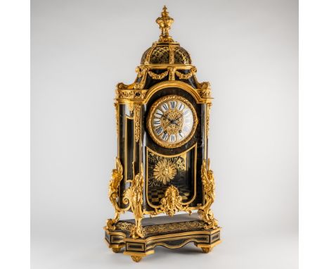 A FRENCH ORMOLU-MOUNTED STAINED TORTOISESHELL AND BOULLE-WORK MANTEL CLOCKIn the Louis XIV style, by Deniere, Paris, circa 18