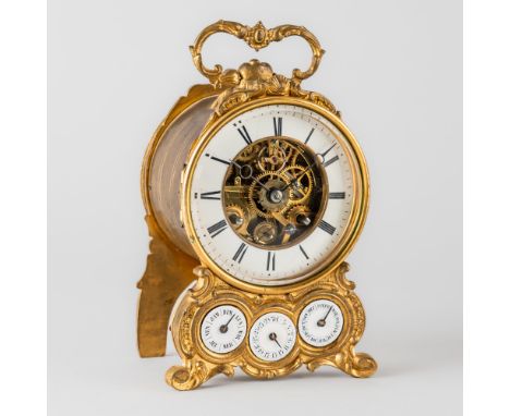 AN UNUSUAL FRENCH GILT BRASS STRIKING CALENDAR SKELELTONISED MANTEL CLOCK WITH DUPLEX ESCAPEMENT AND ALARMBy Grignon Meusnier