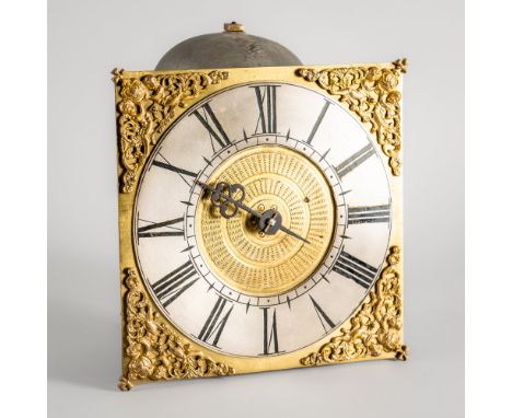 A HOOK AND SPIKE 30-HOUR STRIKING WALL CLOCKLate 17th/first half 18th Century, unsigned9in square brass dial, with twin cheru