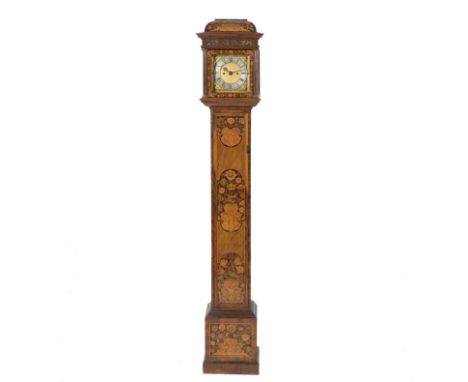 A SMALL WALNUT AND MARQUETRY QUARTER-CHIMING LONGCASE CLOCKBy Charles Frodsham, London, Circa 1950The case with a caddy top, 