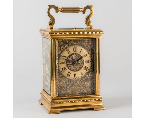 A FRENCH BRASS STRIKING LEVER CARRIAGE CLOCK WITH SHIBAYAMA STYLE DECORATED PANELSCirca 1880The case with a shaped and reeded
