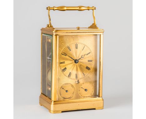 AN UNUSUAL EARLY FRENCH GILT METAL CALENDAR STRIKING CARRIAGE CLOCK WITH SKELETONISED LEVER  ESCAPEMENTCirca 1845The plain mo