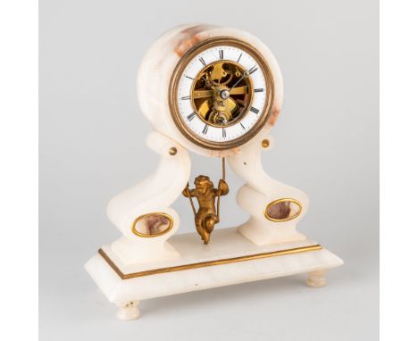 A RARE FRENCH GILTMETAL-MOUNTED ALABASTER ‘CHERUB ON A SWING’ BOUDOIR SKELETON TIMEPIECEBy Eugéne Farcot, Circa 1875The drum-