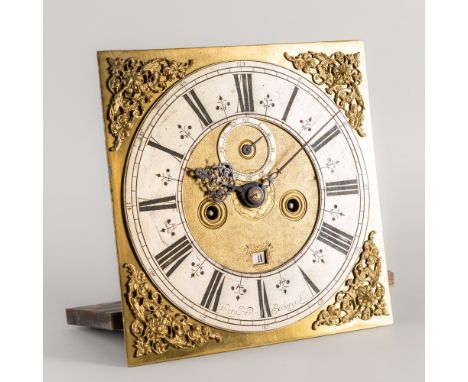 A WILLIAM III 11IN LONGCASE CLOCK MOVEMENTBy Henry Bradley, Exchange Alley, Circa 1685The square 11in dial with cherub spandr