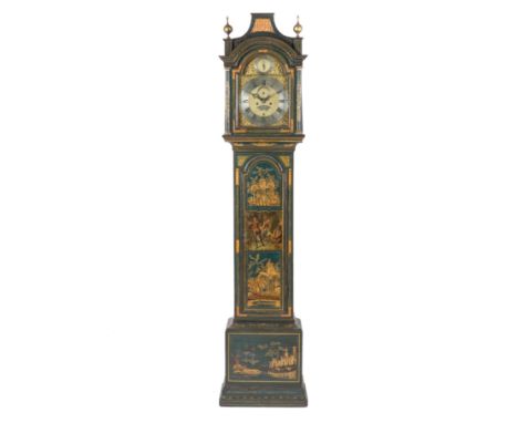 A GEORGE III PARCEL-GILT CHINOISERIE DECORATED MARINE-BLUE LACQUER LONGCASE CLOCKThe movement by Joseph Clarke, LondonThe cas