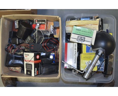 Two Boxes of Camera Accessories, including flash units, filters, caps, hoods and more.