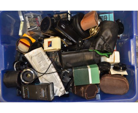 A Box of Cameras, Parts and Accessories, including a qty of adapters, flash guns, light meters and more
