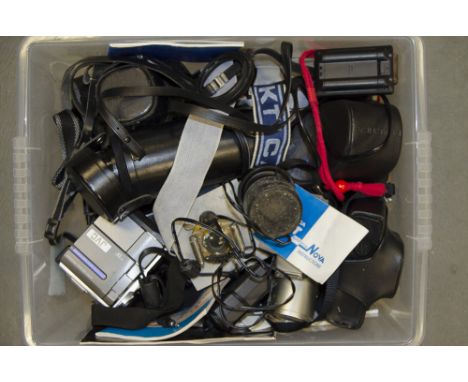 A Tray of Various Cameras and Accessories,  including Olympus and Minolta Bridge Cameras, a Praktica BCA, a Pentax ME, lenses