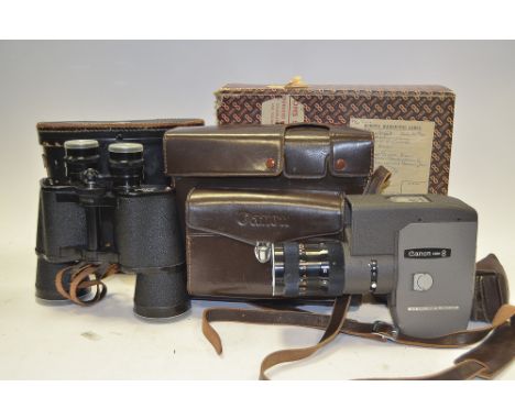 A Canon Zoom 8 Cine Camera, in leather case and makers box, a pair of Militus 7x50 binoculars and a Goodmans 6'' TV. 