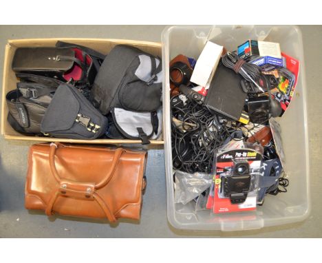 A Large Box of Cases and Accessories,  including a Nikon brown leather outfit case, a large qty of sync cables, colour filter