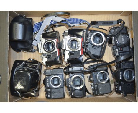 A Tray of 35mm SLR Camera Bodies, manufacturers include Zenit, Praktica, Centon and Chinon.